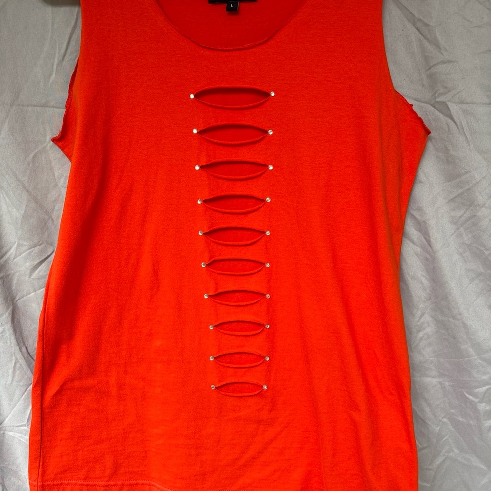Orange Cut-Out Tank Top with Crew Neck